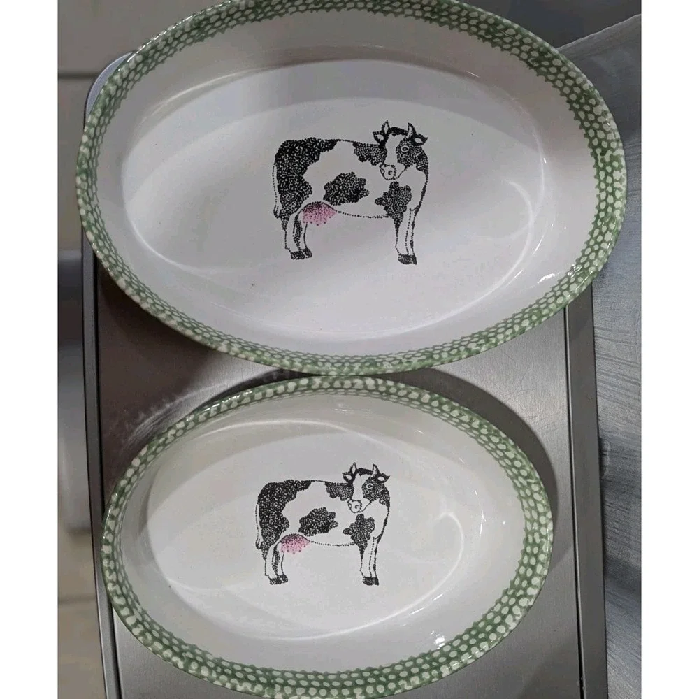 Vintage Teamson Stoneware Oval Baking Casserole Dishes Cow Pattern 1995 Set Of 2